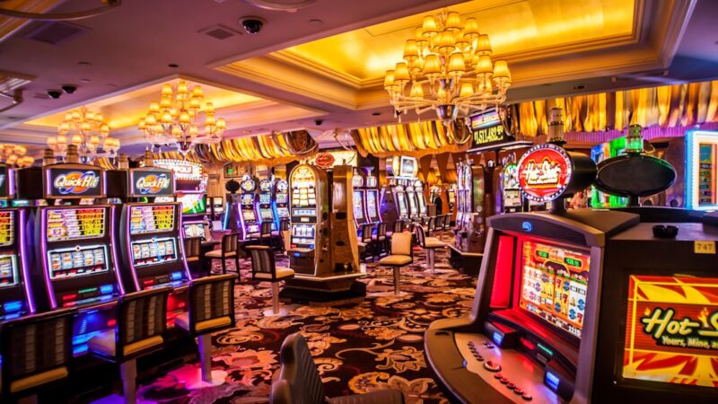 Brightly lit casino interior with slot machines and chandeliers