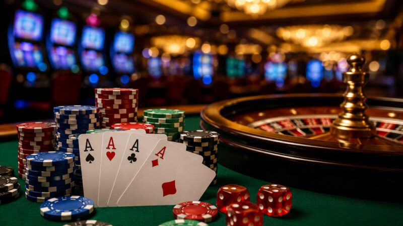 A close-up of playing cards showing three aces and gaming chips on a green table in a casino.