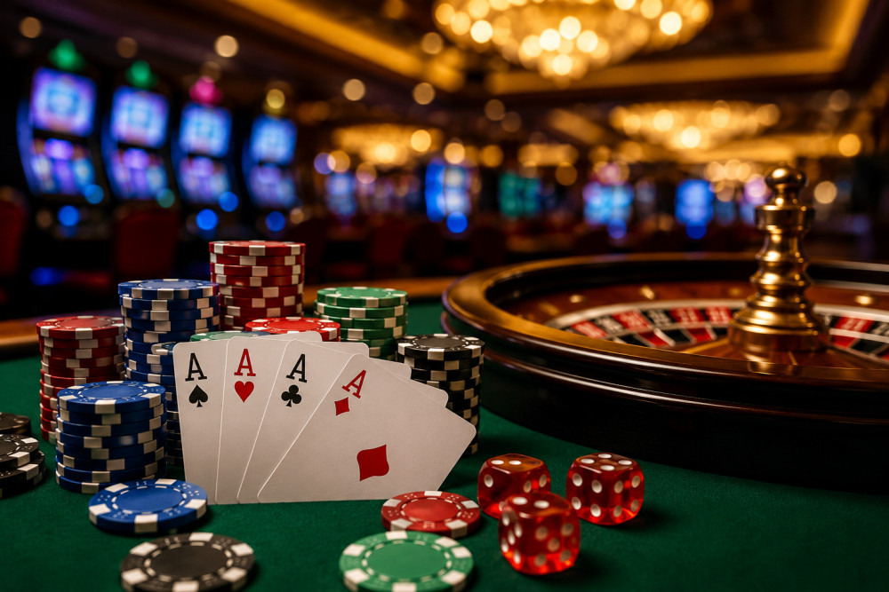 A close-up of playing cards showing three aces and gaming chips on a green table in a casino.