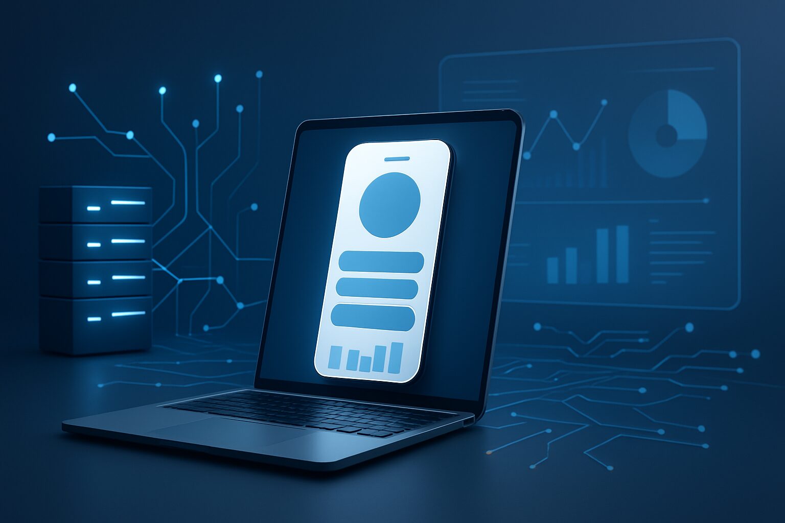 A laptop displaying a mobile device interface on a tech-themed background with data visualization elements.
